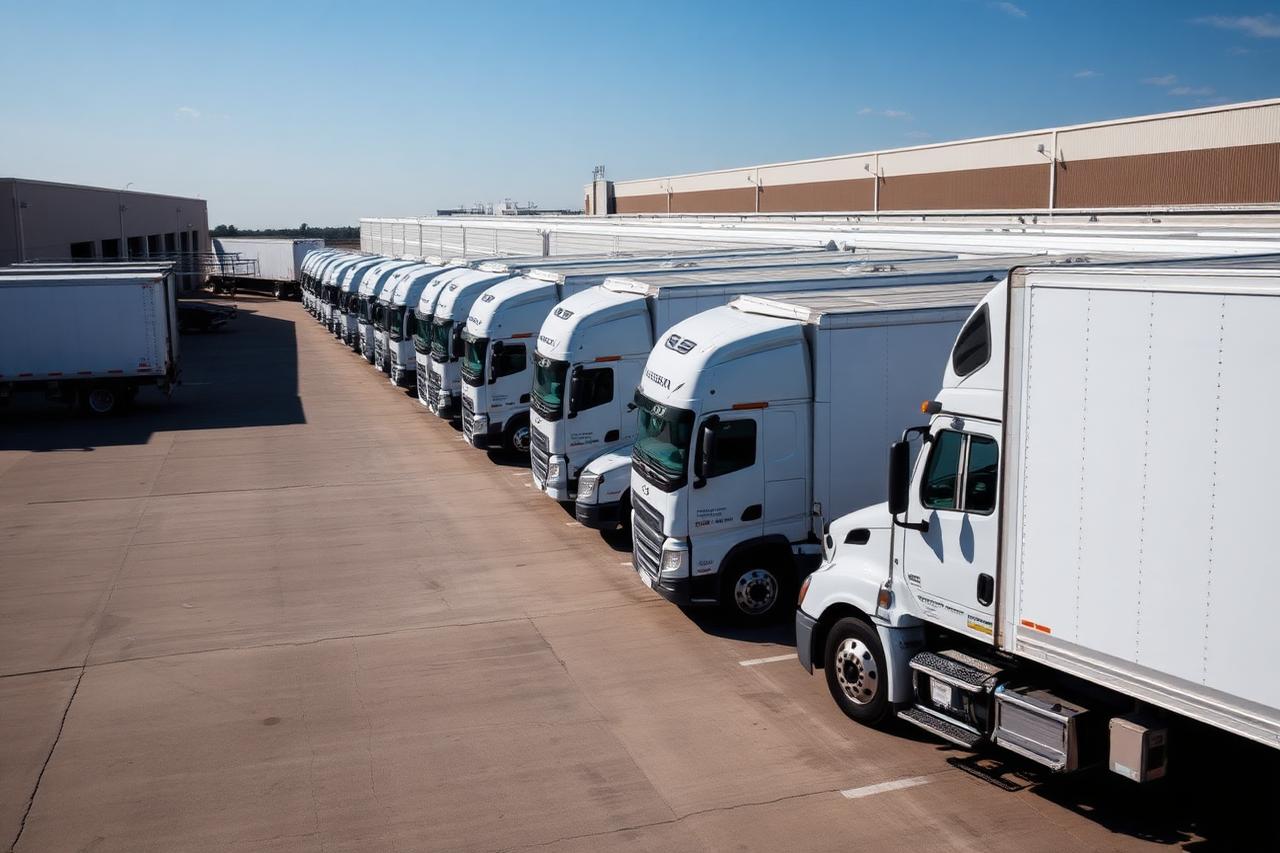 Fleet of freight trucks at a distribution facility