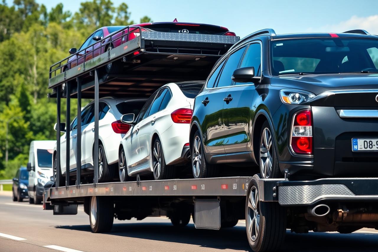 Car hauler trailer loaded with vehicles on an American highway